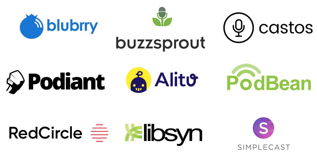 Screenshots of podcast hosting platforms and promotional graphics.