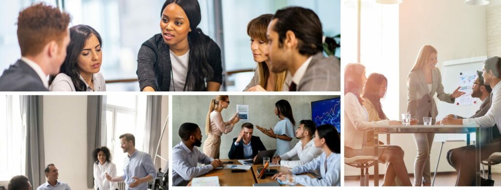 "Diverse leaders discussing leadership thoughts"