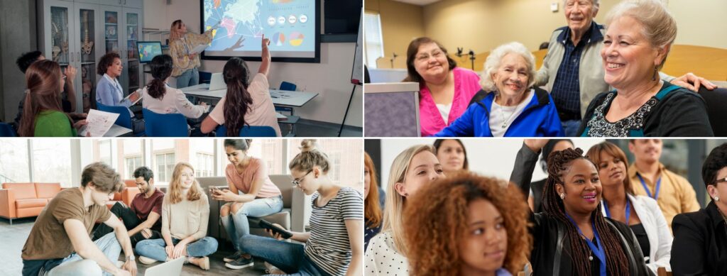 Individuals engaging in diverse learning activities, representing multicultural personal development