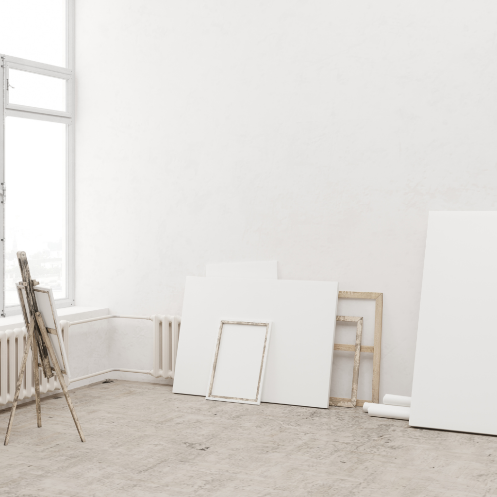 A well-lit art studio with organized supplies, inspiring creativity and focus for artistic endeavours